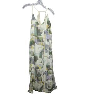 Next UK‎ 6 Abstract Print Maxi Slip Dress Green Yellow Geometric Satin Lined